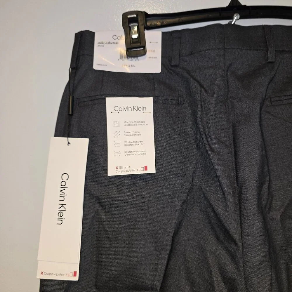 Calvin Klein Mens Slim Fit Dress Pants 34x32 Grey Solid Stretch NWT
